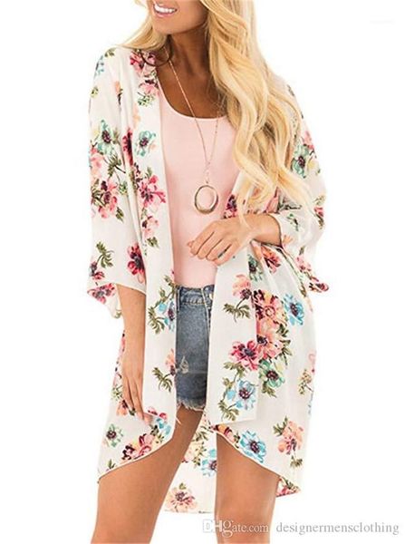 

beach chiffon sunscreen blouse floar printed long sleeve cape women fashion loose coat prevent bask clothes summer, Black