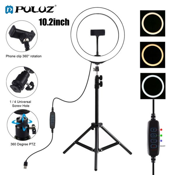 

puluz 10" led ring light pgraphic selfie ring lighting with stand for smartphone youtube video studio tripod light