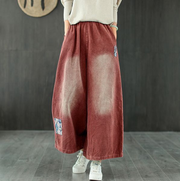 

women's pants & capris autumn women reto bleached patchwork loose washed female corduroy wide leg trousers, Black;white