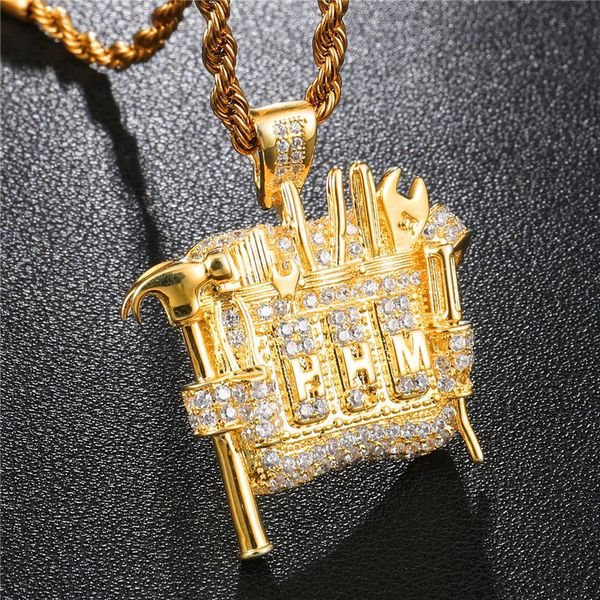 

hip hop gold color toolbox pendants & necklaces iced out full cubic zirconia wrench hammer charm punk jewelry for men gift, Silver