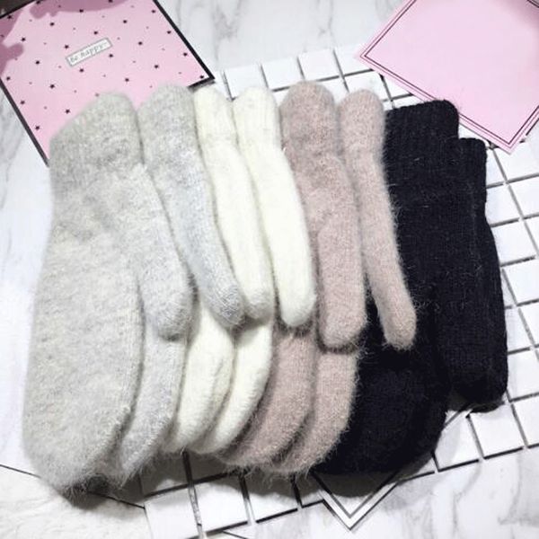 

2020 new fashion women girl winter gloves all fingers fur mittens soft warm double layer gloves outdoor female guantes, Blue;gray