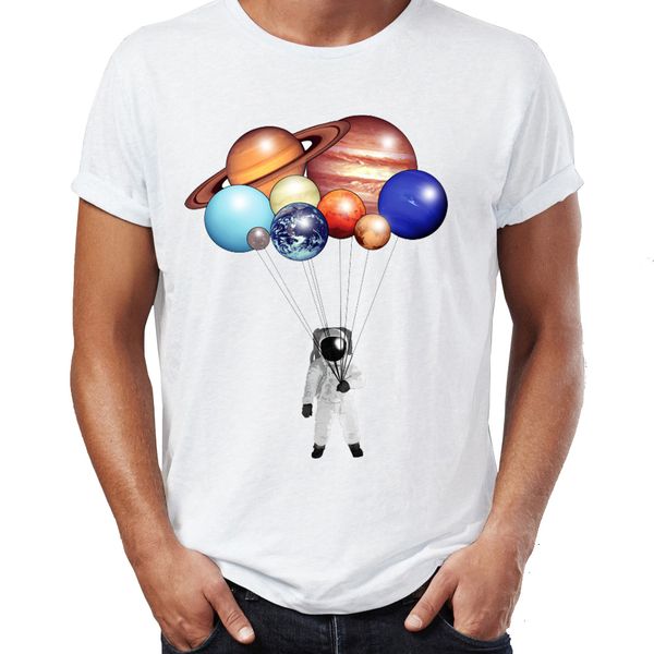 

men's t shirt astronaut holding planet balloons space tee