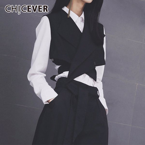 

women's vests chicever criss-cross vest v neck high waist lace up asymmetric slim short for females 2021 summer clothing, Black;white