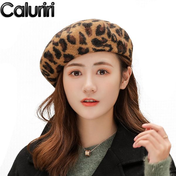 

stingy brim hats caluriri fashion leopard pattern warm wool winter thick women girl beret french artist beanie hat cap for female, Blue;gray