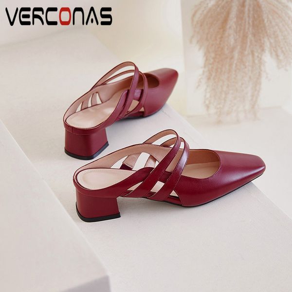 

verconas 2020 fashion mules woman sandals women pumps woman slippers genuine leather summer square toe square heels shoes, Black