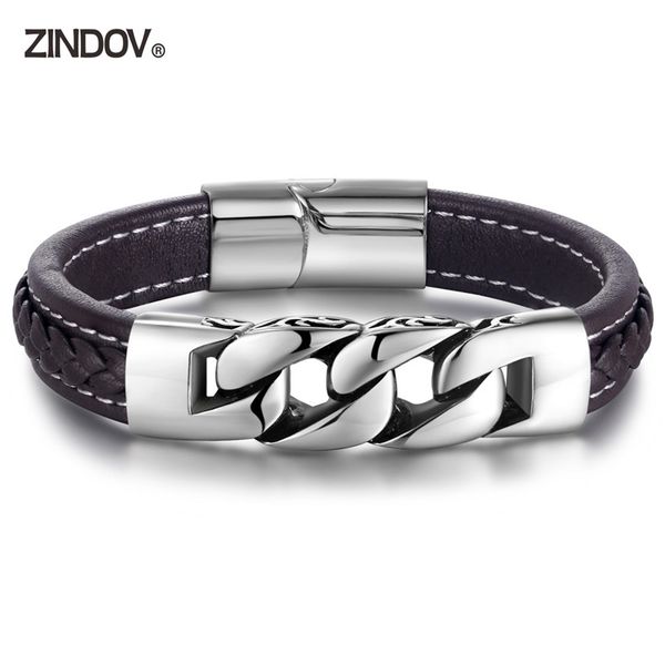 

zindov leather bracelet men factory wholesale gift fashion jewelry stainless steel male real braided leather bracelets, Golden;silver
