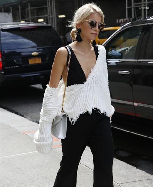 

women clothing womens sweaters fashion pullover loose sweaters with tassel casual v-neck natural color short sweaters, White;black