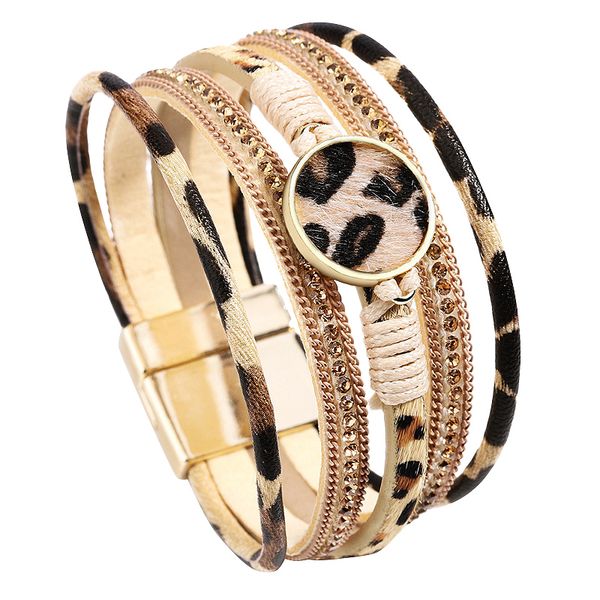 

leopard bracelets for women metal round charm horse hair multilayer wide leather wrap bracelet, Silver