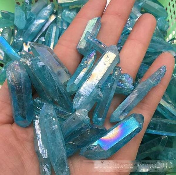 

blue aura titanium clear quartz pendant natural raw crystal wand point rough reiki healing prism cluster necklace charms craft