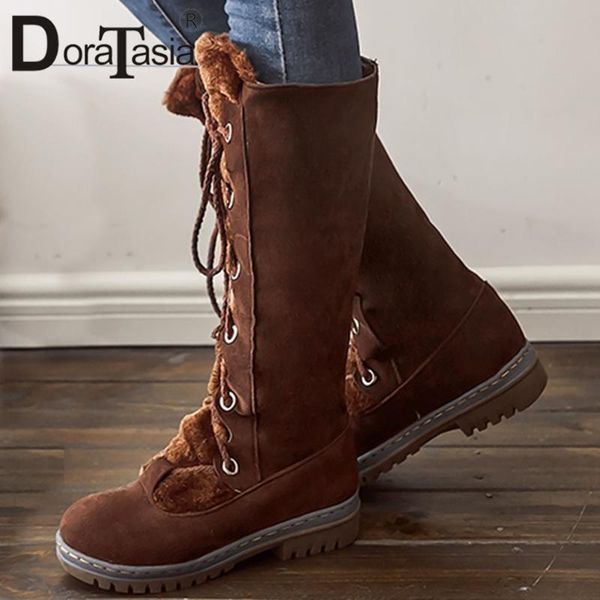 

boots doratasia leisure female solid lace up round toe mid calf sewing casual women platform flcok brand shoes woman, Black