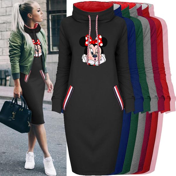 

2020 women dress cartoon mouse print fake pocket long sleeve collar vintage casual bodycon dress woman dresses vestidos robes c200919, Black;pink