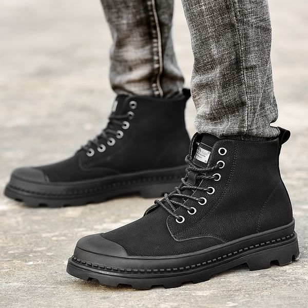 

reetene fashion winter men's boots warm plush men snow boots leather plush men ankle autumn winter outdoor work, Black