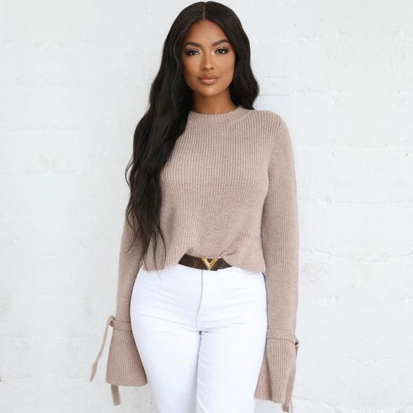 

women casual flare sleeve pullovers sweater solid color bow tie long sleeve stretch slim autumn winter new fashion ladies, White;black