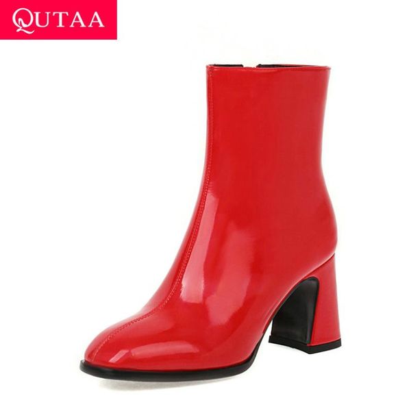 

qutaa 2021 square high heel fashion ankle boots pu patent leather women shoes square toe zipper short boots big size 34-43, Black