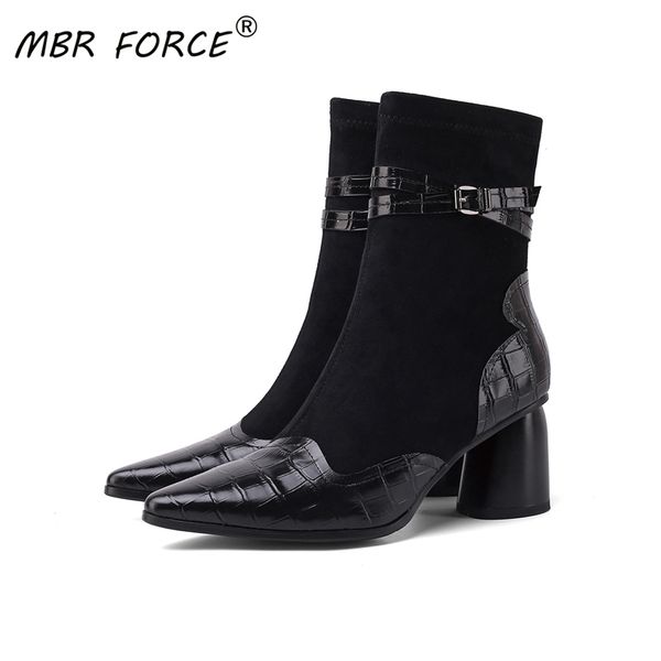 

mbr force fashion flock pointed toe elegant women ankle boots heels for woman girl ladies new autumn party dress, Black