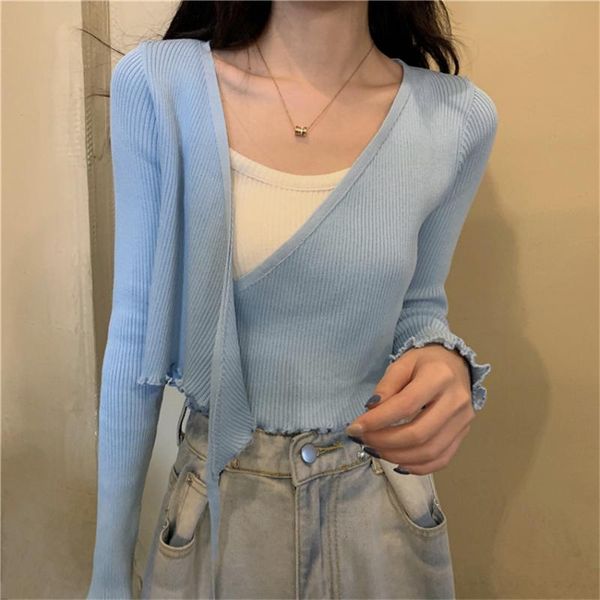 

women's knits & tees spring autumn thin knitted cardigan crop women long sleeve knit sweater coat short korean fashion sweet outwear gi, White