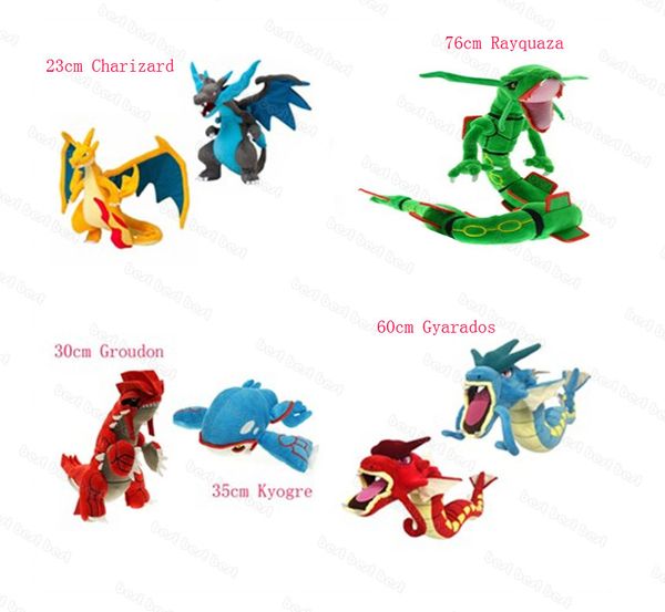 

7pcs/lot 23cm charizard 60cm gyarados 76cm rayquaza 30cm groudon 35cm kyogre plush toy for child holiday gifts nopo026
