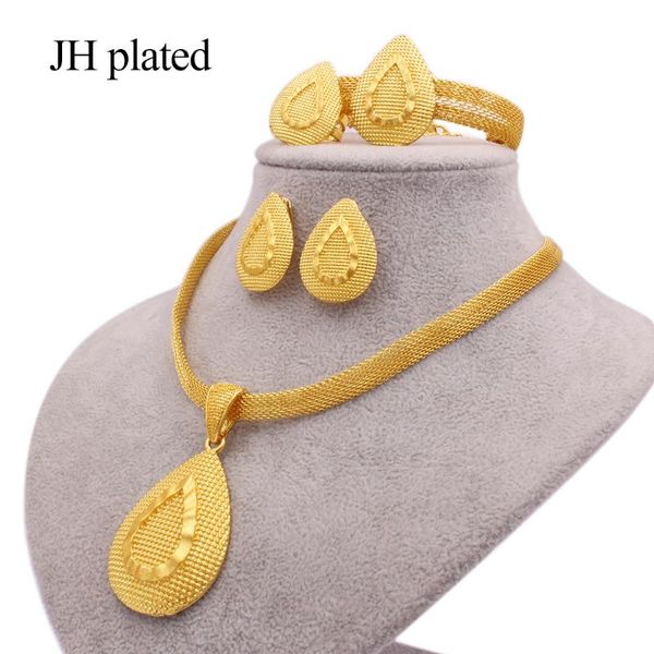 Earrings & Necklace Gold Color 24K Jewelry Sets For Women African Bridal Wedding Gifts Party Water Drops Pendant Ring Bracelet Set