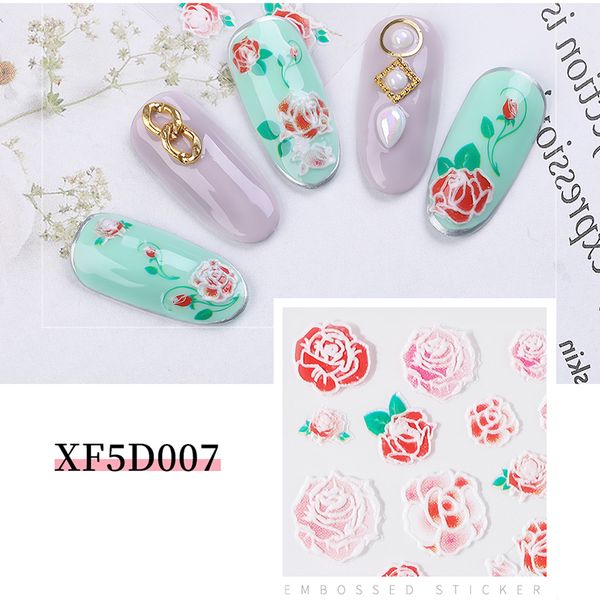

false nails 5d three-dimensional relief sticker flower nail fashion wraps tips manicure tools, Red;gold