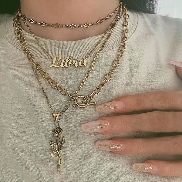 

chokers 4pcs/set women necklace set charm letter rose flower geometric clavicle chain gold fashion birthday party jewelry gift, Golden;silver