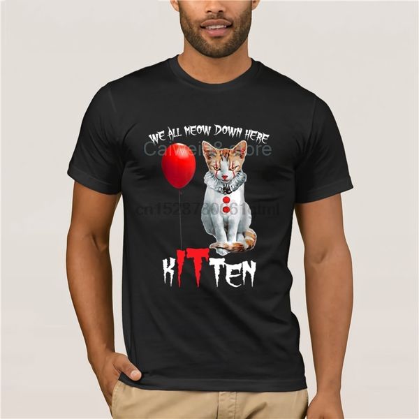 

new summer mens casual print t-shirt fashion scary creepy we all meow down here clown cat kitten fashion printed mens t-shirt