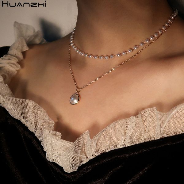 

pendant necklaces huanzhi 2021 vintage imitation pearls double layer chain choker elegant necklace for women girls jewelry, Silver