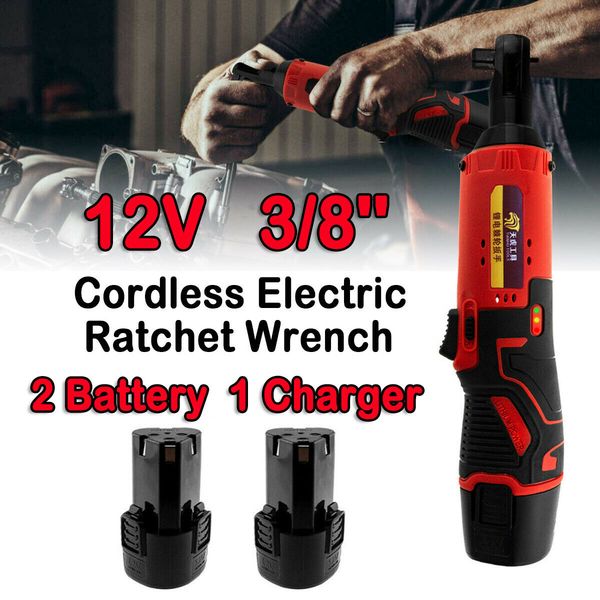 

3/8'' 12v cordless electric ratchet wrench degree power tool 2 battery + charger