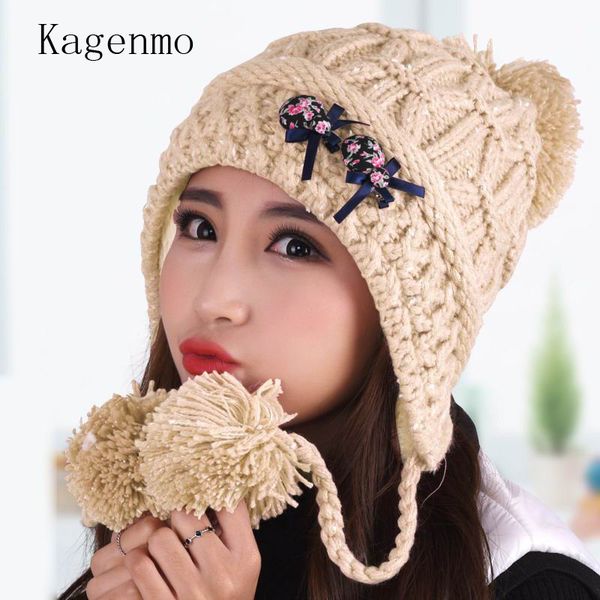 

kagenmo hat female knitted woolen hat winter knitted thermal protector ear cap toe cap covering princess fleece, Blue;gray