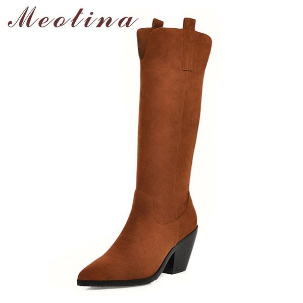 

meotina high heel knee-high boots women shoes pointed toe chunky heels long boots ladies winter female footwear apricot black 46