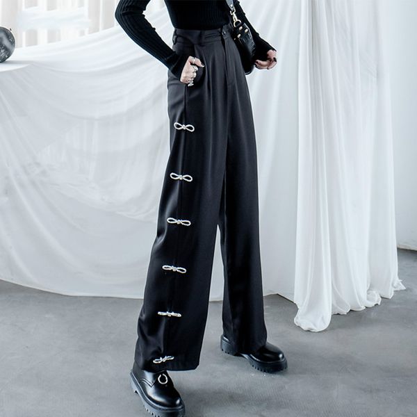 

patchwork wide leg pants women loose fashion personality all match elegant 2020 new autumn black pants goddess fan v369, Black;white