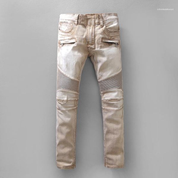 

contrast color zipper fly fashion male clothes mens designer jeans elastic panelled multi pocket long pants, Black