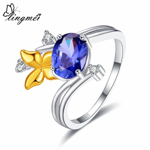 

wedding rings lingmei butterfly fashion jewelry oval cut blue & white red zircon silver color ring for women gorgeous size 6 7 8 9, Slivery;golden