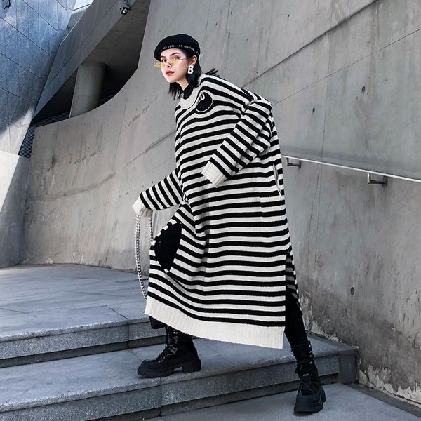 

women's sweaters striped sweater 2021 fashion outer wear western style loose autumn and winter large size oversized, White;black