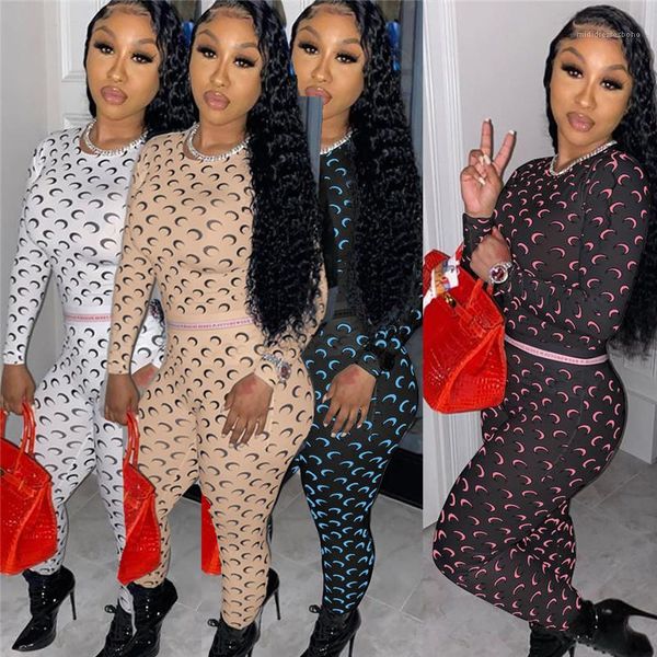 

designer two piece sets fashion moon print womens long sleeve trousers crew neck ladies clothing womens, White