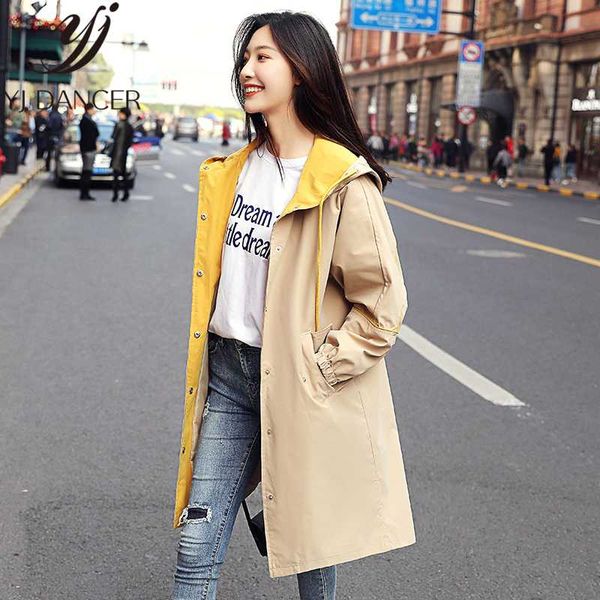 

spring autumn female trench coat 2020 new hooded fashion simple wild women's coat korean version of loose casual long windbreak, Tan;black