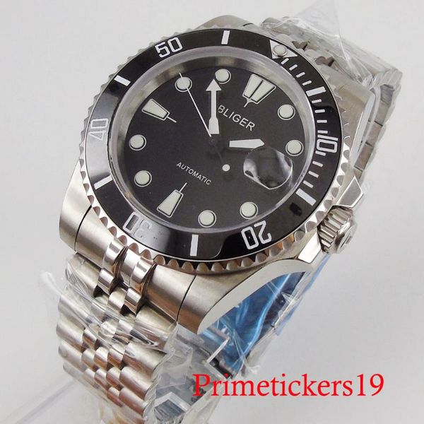 

bliger men wristwatch 40mm miyota movement black dial magnifier sapphire crystal auto date stainless steel case, Slivery;brown