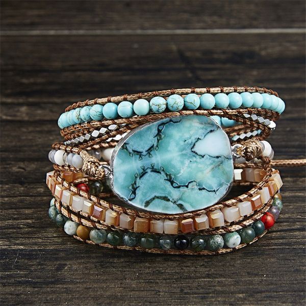 

charm bracelets tangyin ethnic style women bracelet jewelry 5 layers natural stone beads blue braided for lady gift, Golden;silver