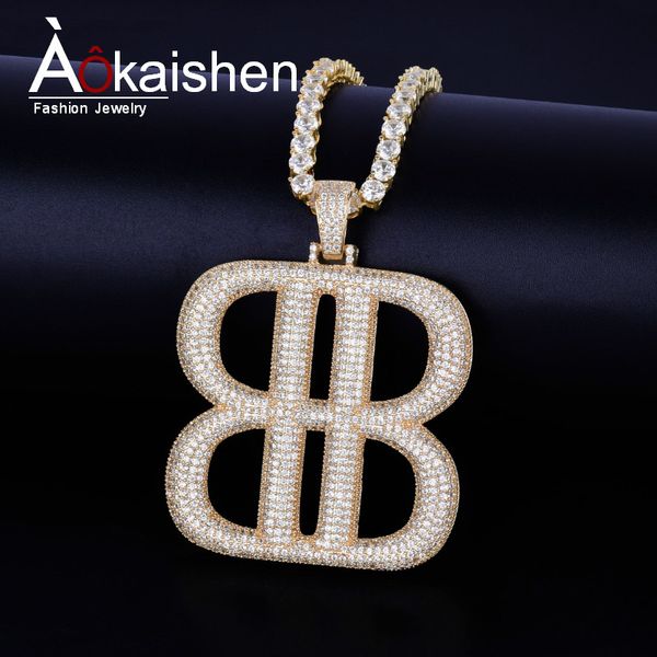 

b letter geometric shape with tennis chain necklace gold color pendant bling cubic zircon hip hop men jewelry, Silver