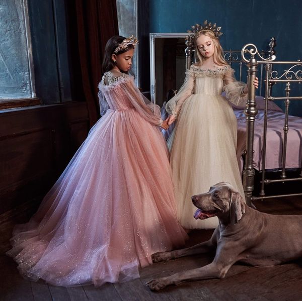 

bling glitter flower girl dresses for wedding backless sheer jewel neck toddler pageant gowns sweep train tulle kids prom dress, White;blue