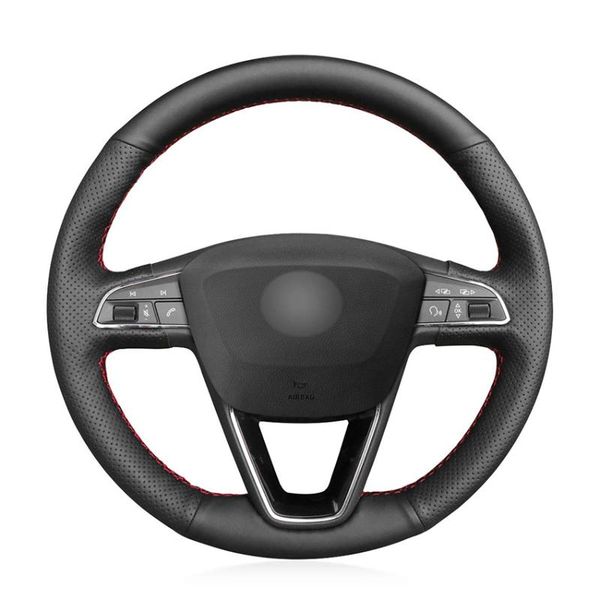 

hand sew black artificial leather car steering wheel cover for seat leon ibiza 6j 2020-2020 arona alhambra 5f 3 2013