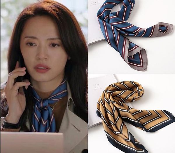 

2020 women scarf summer silk scarves muslim headscarf stripe print 70cm square scarves lady sunscreen beach shawl, Blue;gray