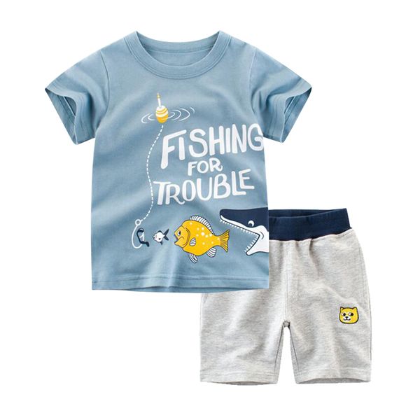 

biniduckling summer toddler boy clothes set cartoon cotton blue short sleeve t-shirt+shorts 2pcs for kid children clothing sets, White