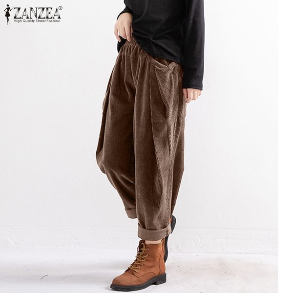 

2020 zanzea vintage elastic waist corduroy pants women's trousers casual spring long pantalon palazzo female turnip plus size, Black;white