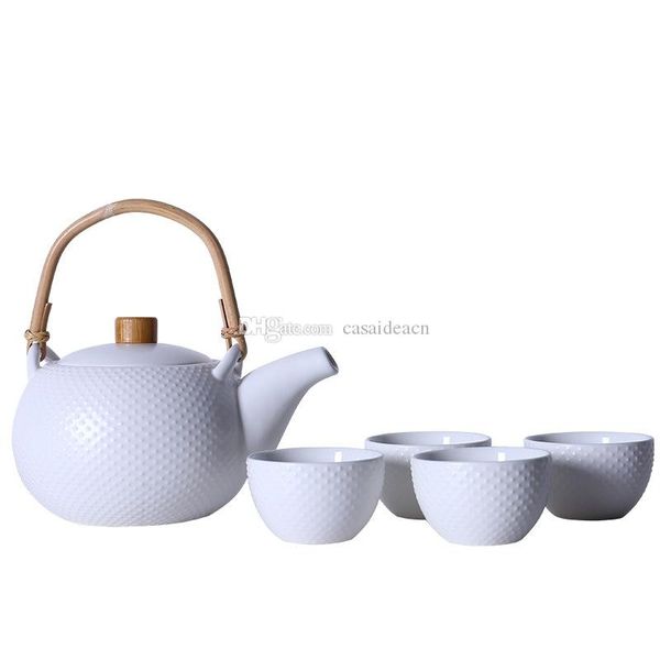 

classic tetsubin design porcelain tea set with 1 teapot 4 tea cups for loose leaf flower tea matte white green with relief dots