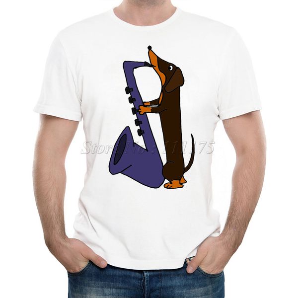 

new arrivals 2019 men's funny dachshund dog playing blue saxophone design t shirt cool summer