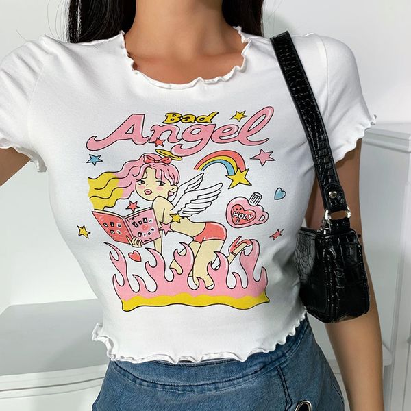 

женщины с коротким рукавом мультфильм ангел печати crop top летняя мода с коротким рукавом футболки для женщин ladies, Gray;blue