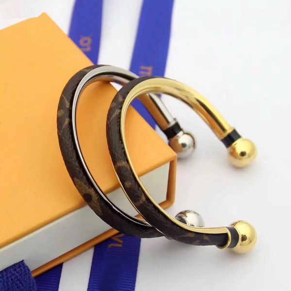 

fashion lady titanium steel 18k gold plated round wrap print flower v letter leather open bracelet bangle 2 color, Black