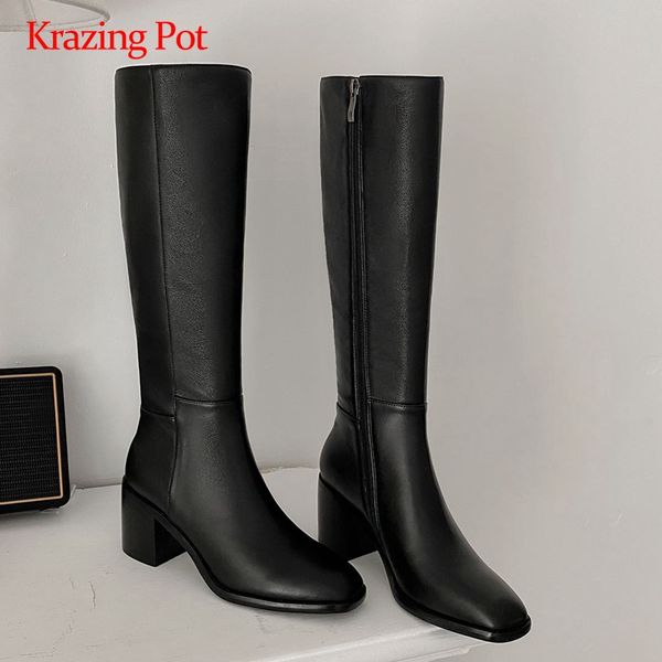 

krazing горшок рабочие ботинки полная кожа коровы высокой уличной моды квадратный носок толстый высокий каблук молнии офис леди колена сапог, Black