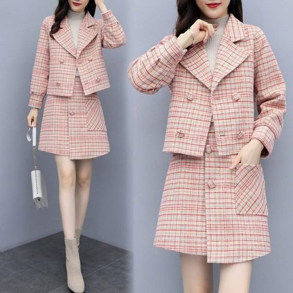 

two piece dress suits women autumn winter elegant vintage plaid blazer coat and pink mini skirt 2 set ladies clothes, White