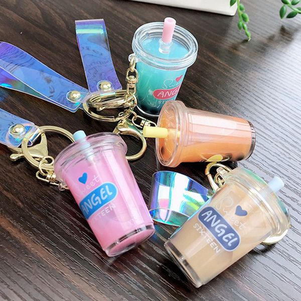 

creative mini soft drink keychain coconut milk beverage bubble acrylic moving liquid oil drop decompression jewelry gift, Silver